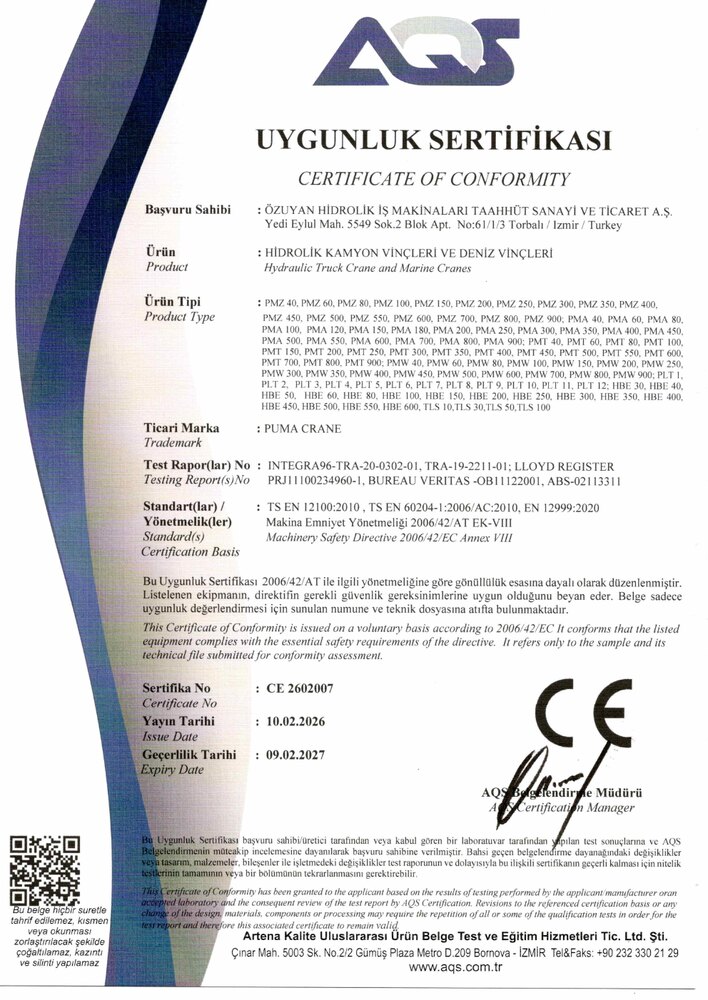 Özuyan Hidrolik CE certificate preview