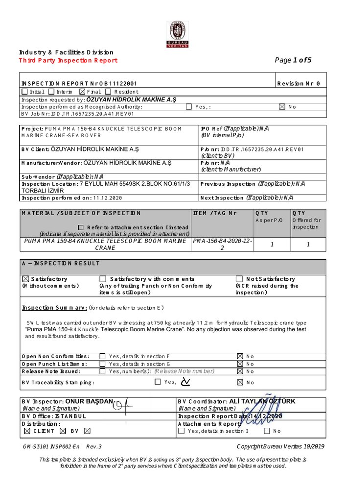 Bureau Veritas PMA 150 B4 inspection certificate preview